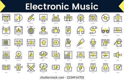 Set of thin line electronic music Icons. Line art icon with Yellow shadow. Vector illustration