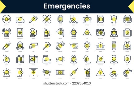 Set of thin line emergencies Icons. Line art icon with Yellow shadow. Vector illustration