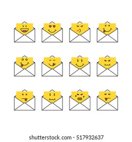 set of thin line emoji messages letters. concept of mailbox, simple chat, foodie yum, humor, sad, satisfy, hate, bored, anger, dead. flat style trend modern logotype graphic design on white background