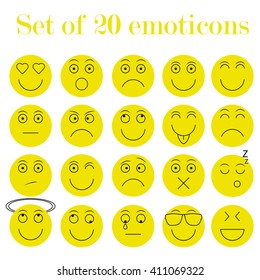 Set of thin line emoticons, emoji isolated on yellow background, vector illustration. Different plain emotions collection