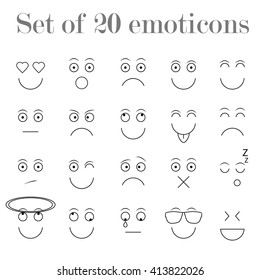 Set of thin line emoticons, emoji isolated on white background, vector illustration. Different plain emoticons collection