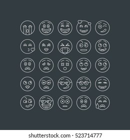 Set of thin line emoticons, emoji isolated on dark background, vector illustration.