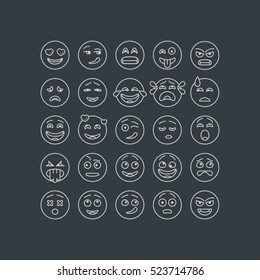Set of thin line emoticons, emoji isolated on dark background, vector illustration.
