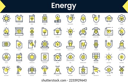 Conjunto de Iconos de energía de línea delgada. Icono de línea de arte con sombra amarilla. Ilustración del vector