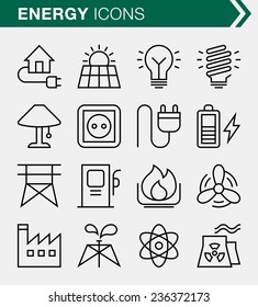 Conjunto de iconos de energía de línea delgada.