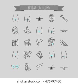 Set of thin line epilation web icons. Sugaring, waxing, hair removing. Depilation icons