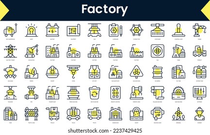 Conjunto de Iconos de la fábrica de línea delgada. Icono de línea de arte con sombra amarilla. Ilustración del vector