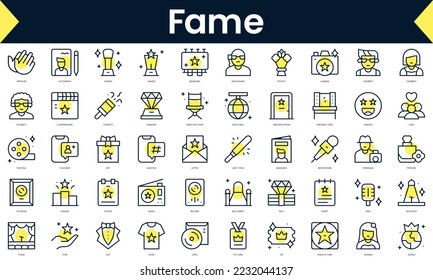 Set of thin line fame Icons. Line art icon with Yellow shadow. Vector illustration