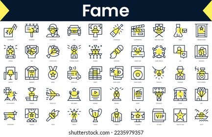 Set of thin line fame Icons. Line art icon with Yellow shadow. Vector illustration