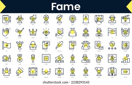 Set of thin line fame Icons. Line art icon with Yellow shadow. Vector illustration