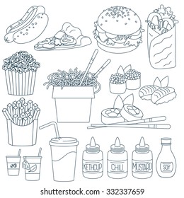 Set of thin line fast food vector icons. 
