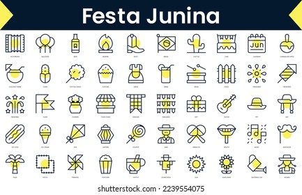 Set of thin line festa junina Icons. Line art icon with Yellow shadow. Vector illustration