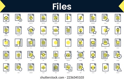 Set of thin line files Icons. Line art icon with Yellow shadow. Vector illustration