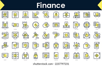 Conjunto de Iconos de finas finanzas. Icono de línea de arte con sombra amarilla. Ilustración del vector