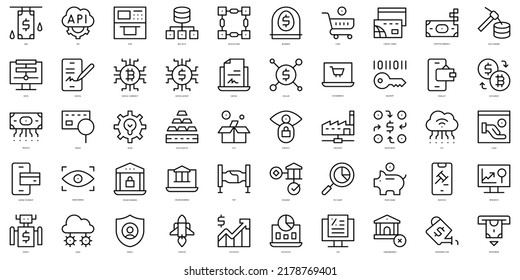 Conjunto de Iconos fintech de línea delgada. Ilustración del vector