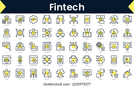 Set of thin line fintech Icons. Line art icon with Yellow shadow. Vector illustration