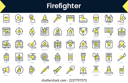 Set of thin line firefighter Icons. Line art icon with Yellow shadow. Vector illustration