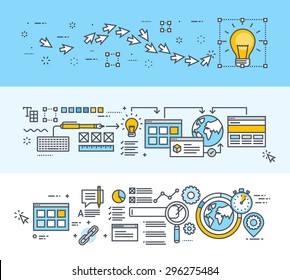 Set of thin line flat design concept banners for creative process, big idea, website and app design and development, SEO. Modern vector illustrations for website banners and promotional materials.