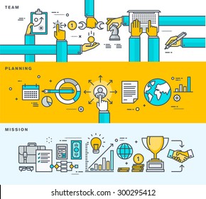 Set of thin line flat design banners for business, company profile, management, team work, planning, mission. Vector illustrations for web banners and promotional materials.    