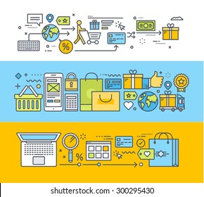 Set of thin line flat design concepts for online shopping, m-commerce, e-commerce. Vector illustrations for web banners and promotional materials.    