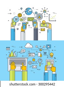 Set of thin line flat design concepts for mobile business and finance, m-banking, m-commerce, cloud computing, online business communication and services. Vector illustrations for web banners.