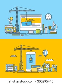 Set of thin line flat design concepts of web and mobile sites and apps design and development. Vector illustrations for web banners and promotional materials.   