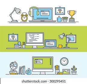 Set of thin line flat design concepts of modern workspace for web and app design and development. Vector illustrations for web banners and promotional materials.    