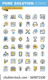 Set of thin line flat design icons of e-learning and education. Icons for websites, mobile websites and apps, easy to use and highly customizable.