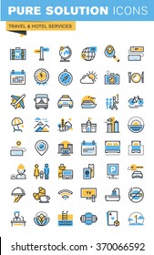 Set of thin line flat design icons of travel and hotel services. Icons for websites, mobile websites and apps, easy to use and highly customizable.