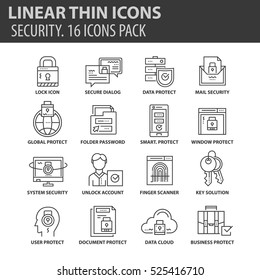 Conjunto de iconos planos de línea delgada. Elementos y pictogramas para infografía, interfaz de usuario, presentación y otros materiales de diseño. Colección de buena calidad, concepto de seguridad.