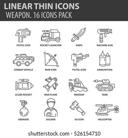 Set of thin line flat icons. Elements and pictograms for infographic, user interface, presentation and other design materials. Good quality collection weapon concept