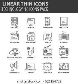 Conjunto de ícones planos de linha fina. Elementos e pictogramas para infográfico, interface de usuário, apresentação e outros materiais de design. Conceito de tecnologia de coleta de boa qualidade.