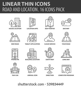 Set of thin line flat icons. Elements and pictograms for infographic, user interface, presentation and other design materials. Good quality collection location and road concept