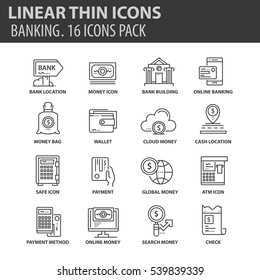 Conjunto de iconos planos de línea delgada. Elementos y pictogramas para infografía, interfaz de usuario, presentación y otros materiales de diseño. Concepto de banca de recogida de buena calidad