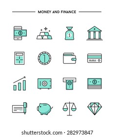 conjunto de íconos de dinero fijo y finanzas de línea delgada, ilustración vectorial 