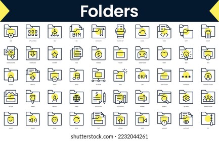 Set of thin line folders Icons. Line art icon with Yellow shadow. Vector illustration