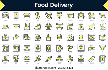 Set of thin line food delivery Icons. Line art icon with Yellow shadow. Vector illustration