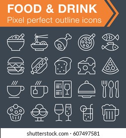 Set of thin line food and drink icons for mobile apps and web design. 
Pixel perfect trendy thin line icons. Editable stroke.