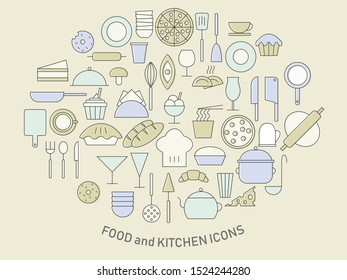 Set of thin line food and kitchen icons. Collection of outline cooking pictograms. For advertising, web, banner, menu etc. 10 eps design.
