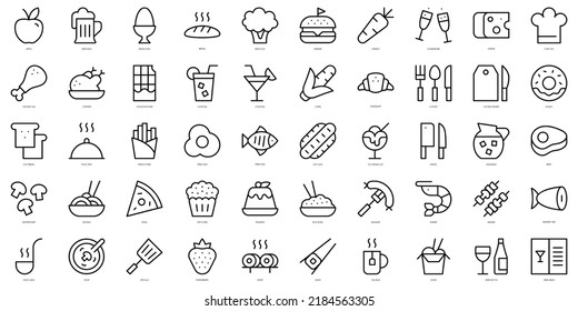 Comida de línea delgada y restaurante Icons. Ilustración del vector