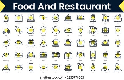 Set of thin line food and restaurant Icons. Line art icon with Yellow shadow. Vector illustration