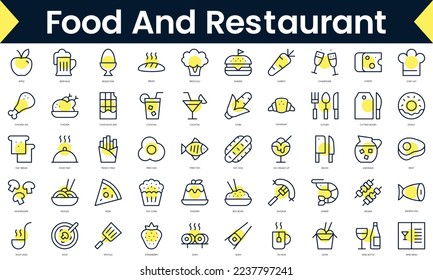 Comida de línea delgada y restaurante Icons. Icono de línea de arte con sombra amarilla. Ilustración del vector