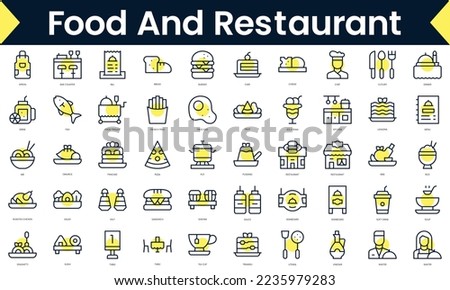 Set of thin line food and restaurant Icons. Line art icon with Yellow shadow. Vector illustration