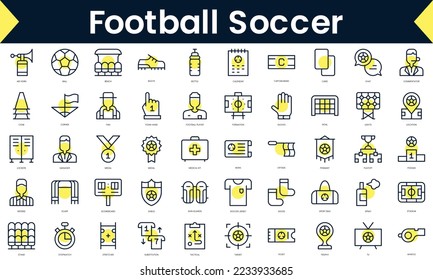 Set of thin line football soccer Icons. Line art icon with Yellow shadow. Vector illustration