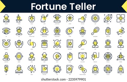 Set of thin line fortune teller Icons. Line art icon with Yellow shadow. Vector illustration