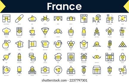 Set of thin line france Icons. Line art icon with Yellow shadow. Vector illustration