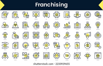 Set of thin line franchising Icons. Line art icon with Yellow shadow. Vector illustration