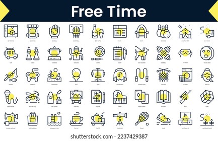 Set of thin line free time Icons. Line art icon with Yellow shadow. Vector illustration