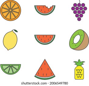 Conjunto de iconos de frutos de línea delgada en color