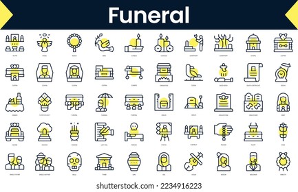 Set of thin line funeral Icons. Line art icon with Yellow shadow. Vector illustration